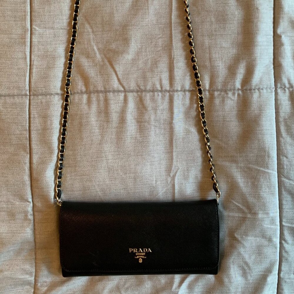 PRADA Saffiano Black Leather Wallet With Metal Chain